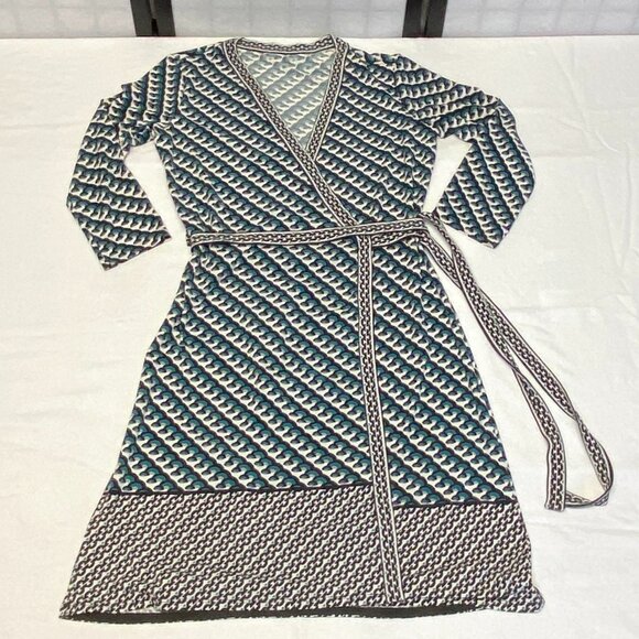 Max Studio Wrap Midi Dress L V-Neck Long Sleeve Border Print Stretch Knit Boho - Picture 7 of 11